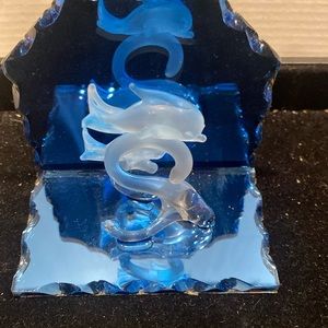 NIB Spun Glass Pair of Dolphins on Scalloped Mirror Base